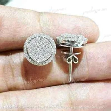 Cluster Men's Stud Earrings White Gold Finish! 2Ct Round Cut Lab Created Diamond