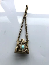 Vintage Ornate Turquoise Purse Chatelaine Locket, Miniature Belt Sash Hook D5
