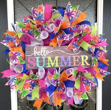 Hello Summer Beautiful Bright Pool Beach Front Door Deco Mesh Wreath Porch Patio