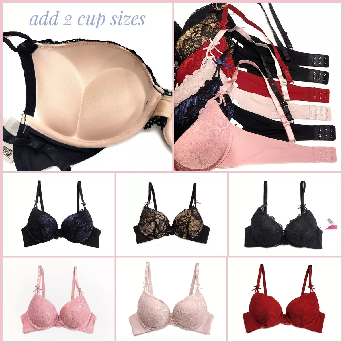Add 2 Cup Sizes Extreme Ultimate Padding Power Lift Lace Ribbon Sexy Push Up Bra