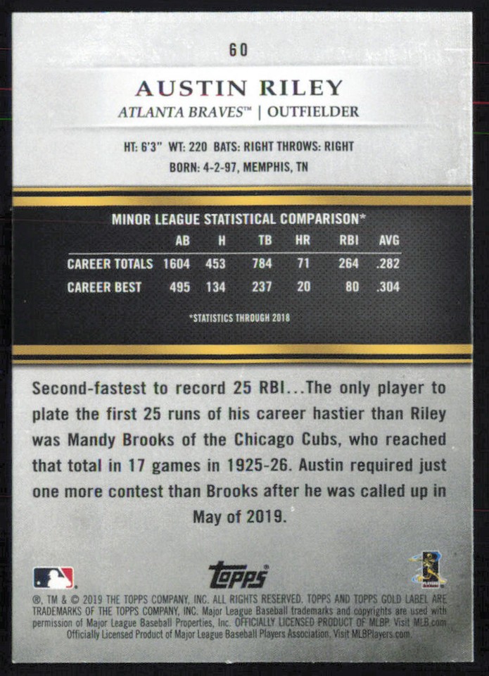 Austin Riley 2019 Topps Gold Label Class 3 #60 RC Atlanta Braves | eBay