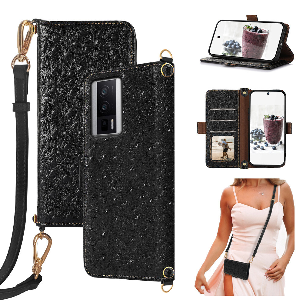 Genuine Leather Ostrich Pattern Wallet Bag Case Strap Bling for Xiaomi POCO