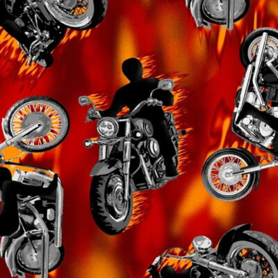 Flames Motorcycles Print Fleece Fabric - 60'' Wide - Sold by The Yard & Bolt