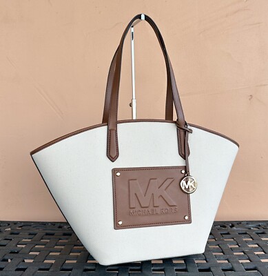 MICHAEL KORS KIMBER LARGE TOP ZIP SHOULDER TOTE BAG CANVAS NATURAL