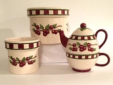 Tender Heart Treasures Cherry 5 PC Set Crock Containers And Tea For One