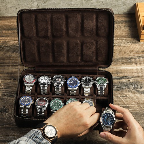 12 Slots Genuine Leather Watch Box Display Case Watches Storage Organizer Holder - Picture 3 of 12