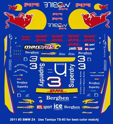  #3 BMW Z4 2011 GT Race Car 1/32nd Scale Slot Car Waterslide Decals