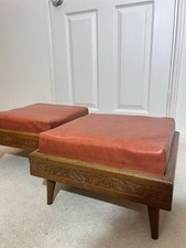 Vintage Mid Century Footstool With Orange Vinyl  Cushion