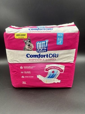 Out! Pet Care 32ct Sz M/L 18-25'' Waist Disposable Dog Diapers Comfort-Dri NEW 