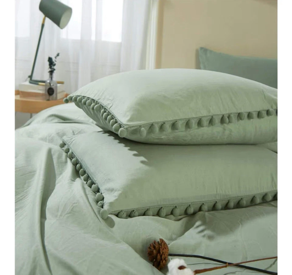 Queen Duvet cover set 3-piece tassels bohemian sage green 100% microfiber  - Image 4 of 4