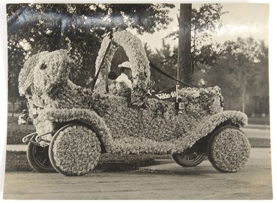 c1910s Minnesota Photo- Floral Parade Float, Velie 40 Auto, Giant Animal Head