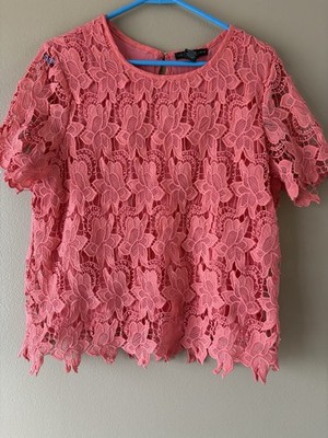 Womens Top Shirt Size XL Grace Elements Dressy Coral Short Sleeve Lined Lacey