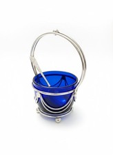 Vintage Art Deco Cobalt Jam or Sugar Pot With spoon - Chrome Plated
