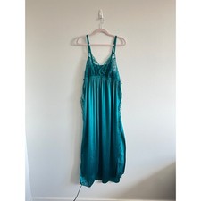 Teal Satin Lace-Trim Slip Nightgown L Vintage Glamour Whimsigoth Fairycore Siren