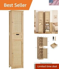 Freestanding Linen Cabinet with Doors, Natural Finish