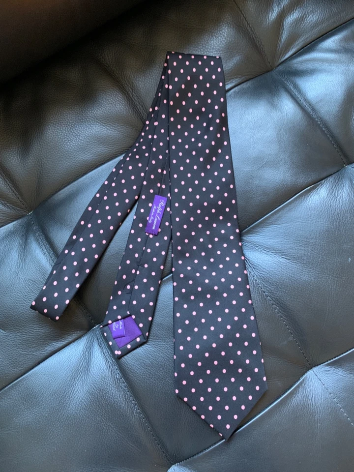 Corbata Ralph Lauren Etiqueta Púrpura Seda Negra con Lunares Rosados 3.5"x59.5" Italia Foto 2 de 4