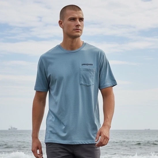 Patagonia Mens Regenerative Organic Cotton Pocket Graphic T-Shirt Blue Size M