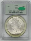 1922 Peace Silver Dollar PCGS MS64 CAC OGH Old Green Holder (error?)