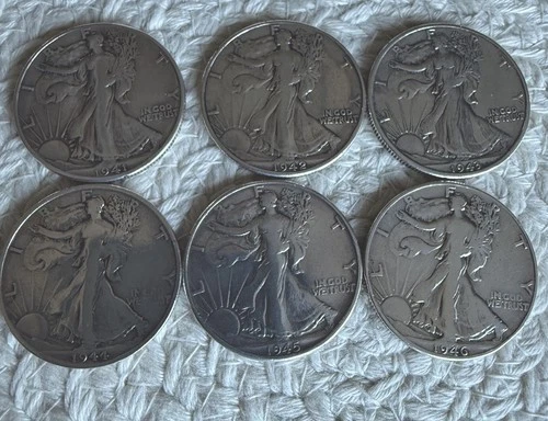 6 SILVER Walking Liberty Half Dollars ~ Consecutive 1941 -1946 (Unrated XF/VF)