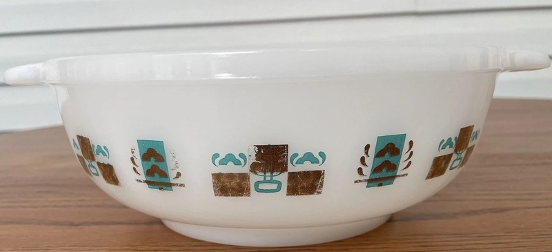 Vintage Glasbake Inland Gold Turquoise 2 QT Bowl  J-2318 Thumbprint Handles Htf