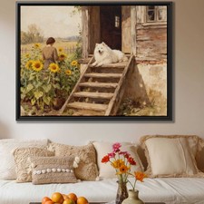 Floral Still Life Oil Painting Dog Samoyed Canvas Print Rustic Home Decor Art