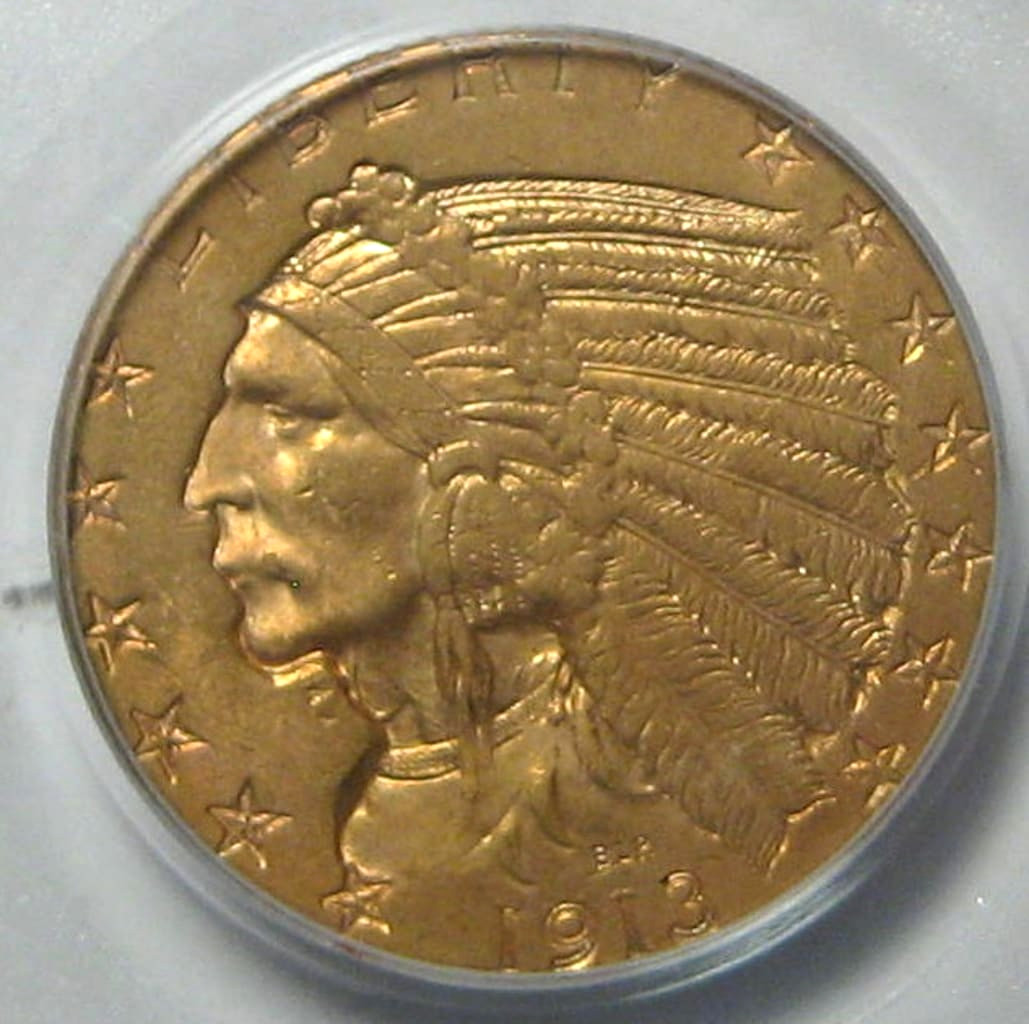 1913 $5 INDIAN GOLD HALF EAGLE PCGS  MS62 OLDER BLUE LABEL W/NICE ORIGINAL LOOK*