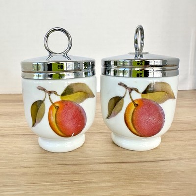 2 Royal Worcester EVESHAM GOLD Egg Coddlers & Lids Peach Berry Bone China