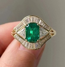 2Ct Emerald Cut Lab Created Green Emerald Halo Wedding Ring 14K Yellow Gold Over