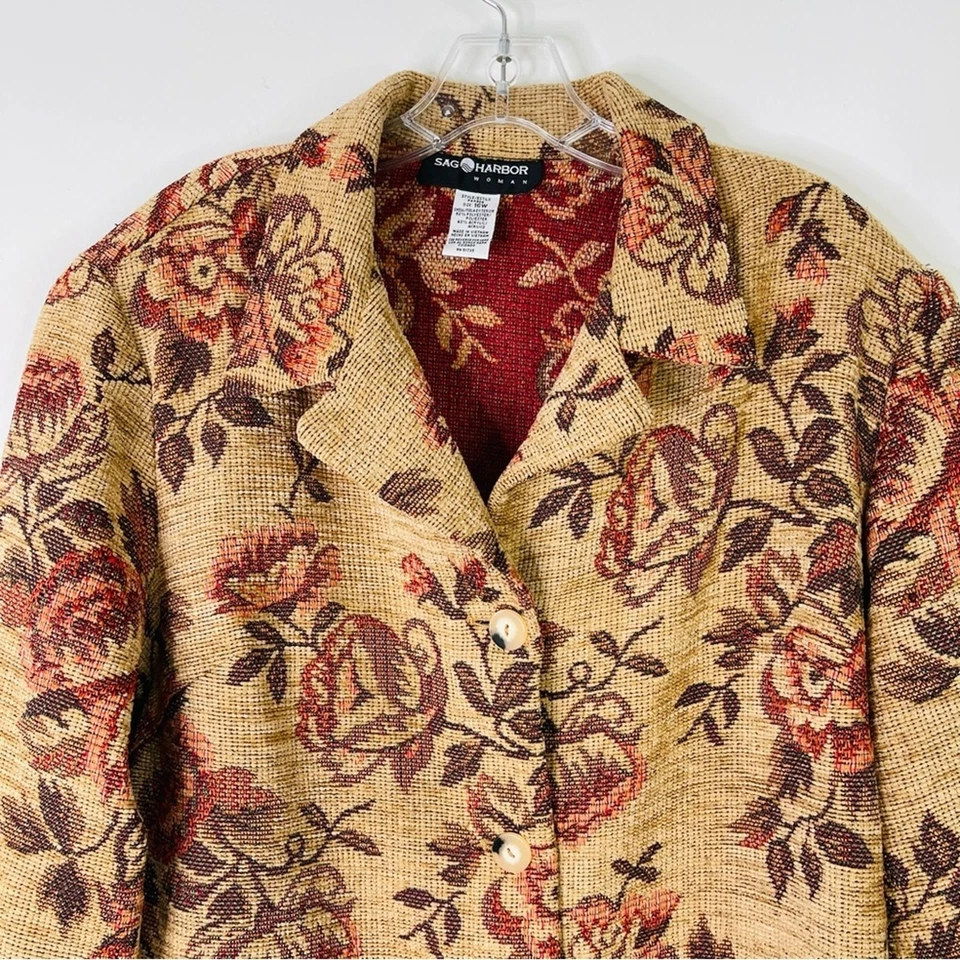 Vintage tan red brown floral tapestry cottagecore rose button jacket 16W - Image 2 of 4