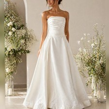 MoriLee Y2K 00s White Satin Strapless Wedding Dress w/detachable train sz 12