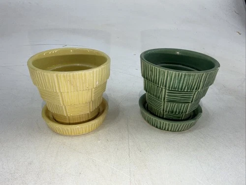 2 McCoy Mid Century Modern Art Pottery YELLOW & GREEN Basket Weave Flower Pot
