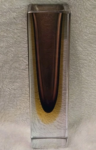 Vintage Murano (?) Brown Yellow Clear Sommerso Square Faceted Vase 7' Art Glass