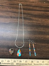 Sterling Silber Multi-Stein Inlay Phillipinen Halskette Ohrringe & Ring Set 37 gr