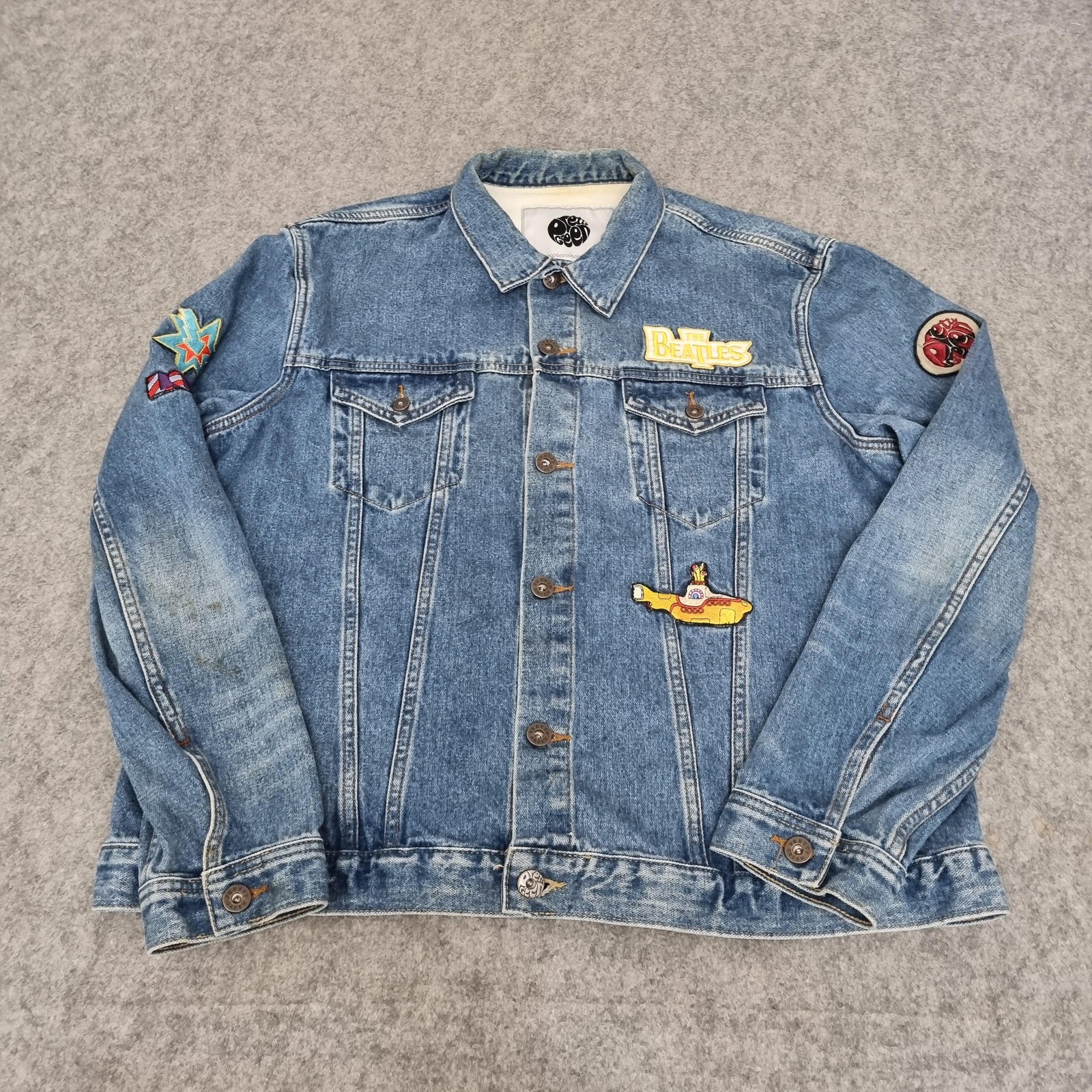 Pretty Green Jacket Mens 2XL Blue Denim Beatles Yellow Submarine Patches Mod