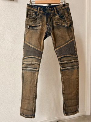 Balmain Men's Biker Skinny Slim Fit Medium Wash Denim Jeans Zip 5-Pocket