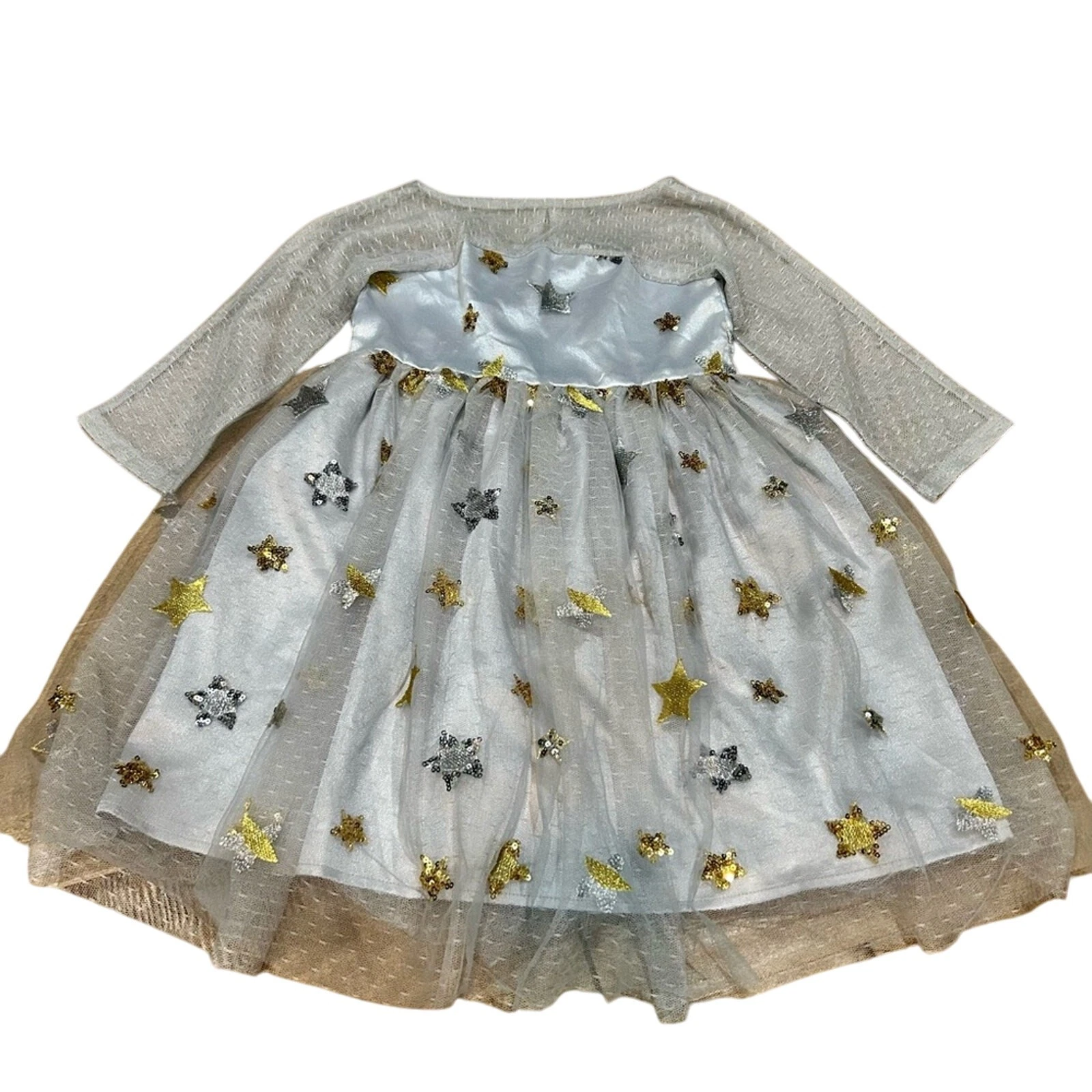 Ele Story Girls Starlet Long Sleeve Dress Grey Silver Gold Size 4T EUC Stars