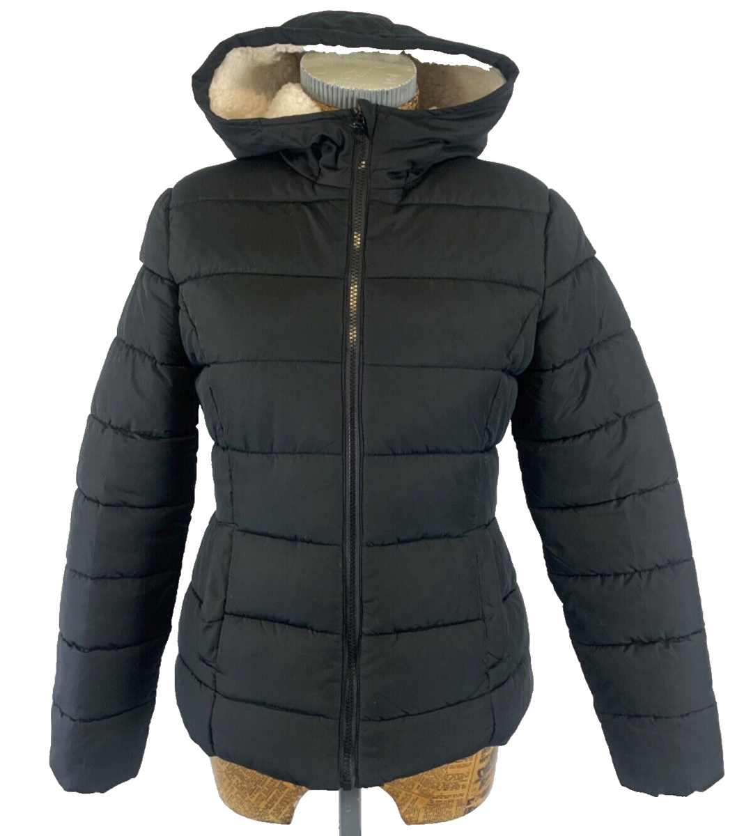 TERRANOVA COAT SMALL BLACK Puffer Padded Pile Lining Zip Up Hooded Midi  Winter