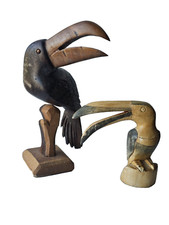 2x Hand Carved Toucan Birds Wooden Carved Toucans