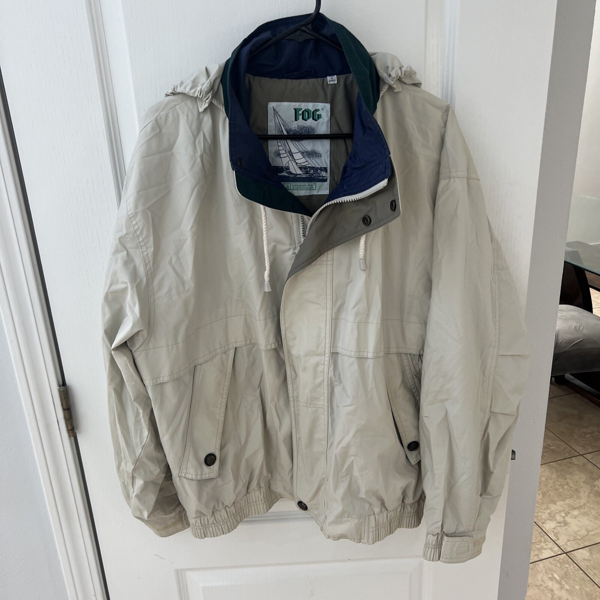 Vintage London Fog Jacket Mens Off White All Weather Roll Away Hood Size  Large