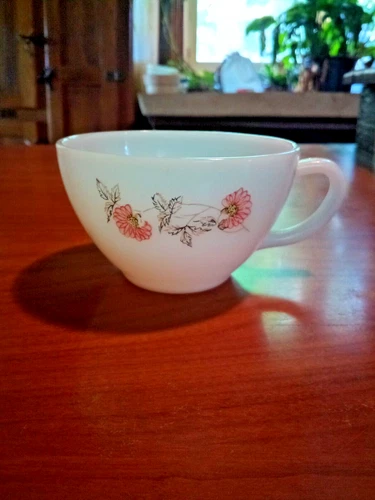 Vintage Fire King Pink Fleurette Tea Cup. Milk Glass. Anchor Hocking