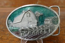 Vintage 1984 Bergamot Brass Works Enamel Belt Buckle Tractor Farm Barn Windmill