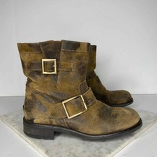 Jimmy Choo Tan Suede Camo Leather Combat Moto Boot