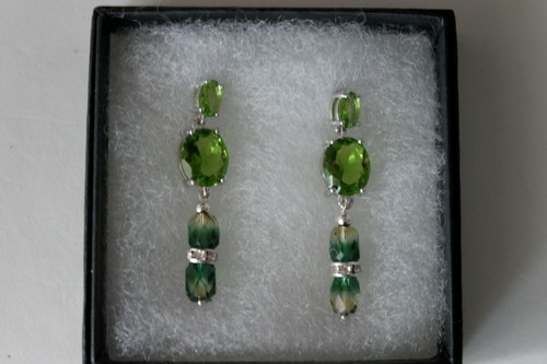 Fantastic Green Peridot & Agate Silver Earrings 5.7 Gr. 4.5 Cm. Long In Gift Box - Picture 5 of 7