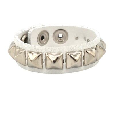 White Leather 1 Row  Studded White Pyramid Stud Bracelet Punk Goth Wrist Cuff