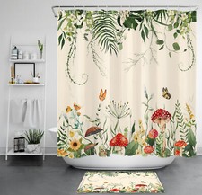 Tropical Plant Flower Red Mushroom Beige Shower Curtain Set for Bathroom Decor