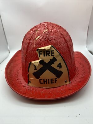 vintage kids red straw fire fighter toy fire helmet fire Chief