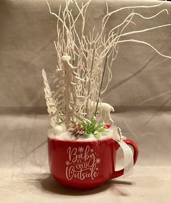 Handmade Wintry Christmas Arrangement Decor Red White Deer Baby Its Cold Outside