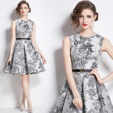 Women's Fashion Jacquard Vest Skirt Round Neck Sleeveless Slim Fit A-line Dress