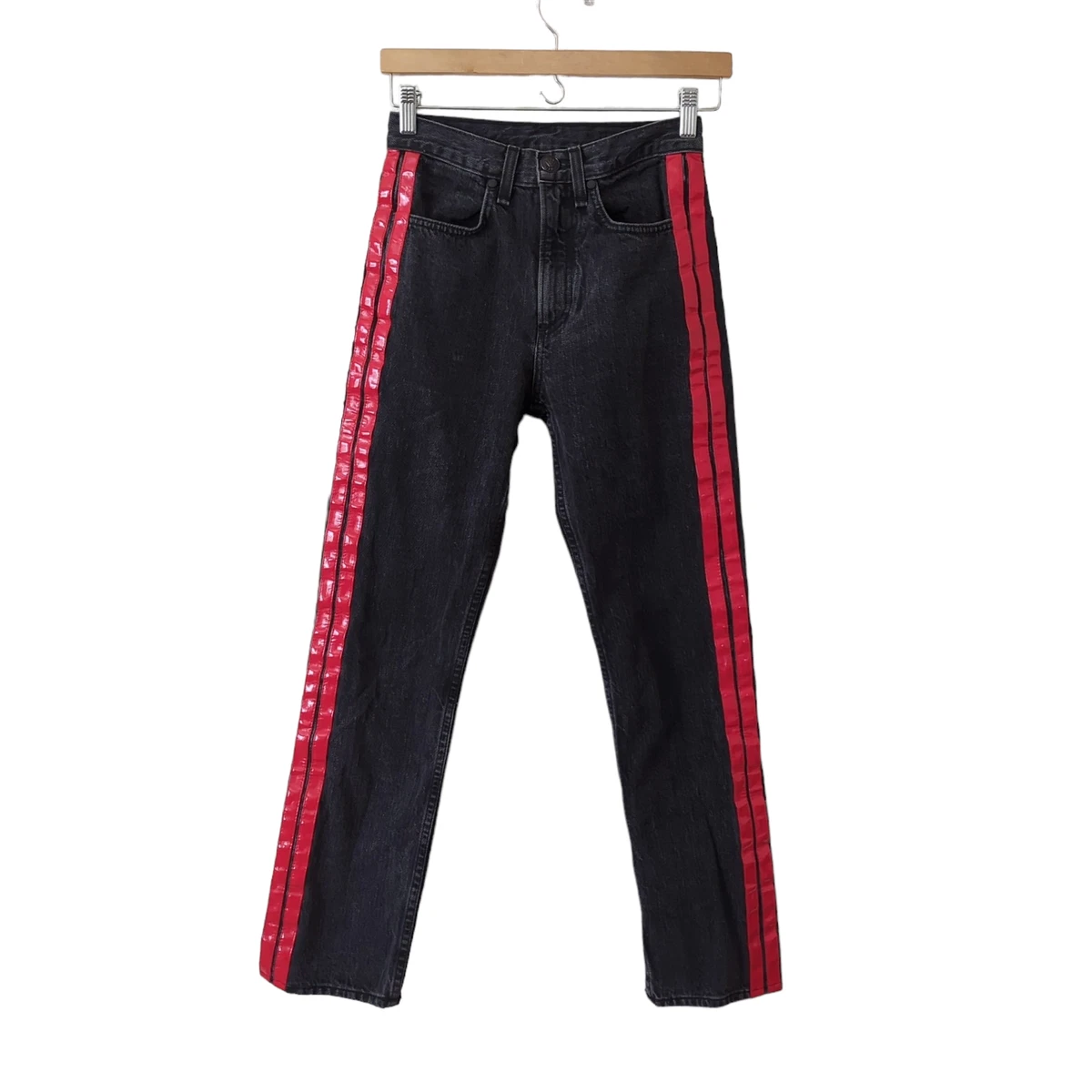 rag bone Women s Jeans Size 23 Black Red Vinyl Side Striped High Waist Pants