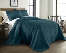 Queen Cal King Bed Teal Blue Plaid Oversized 3 pc Quilt Set Coverlet Bedspread